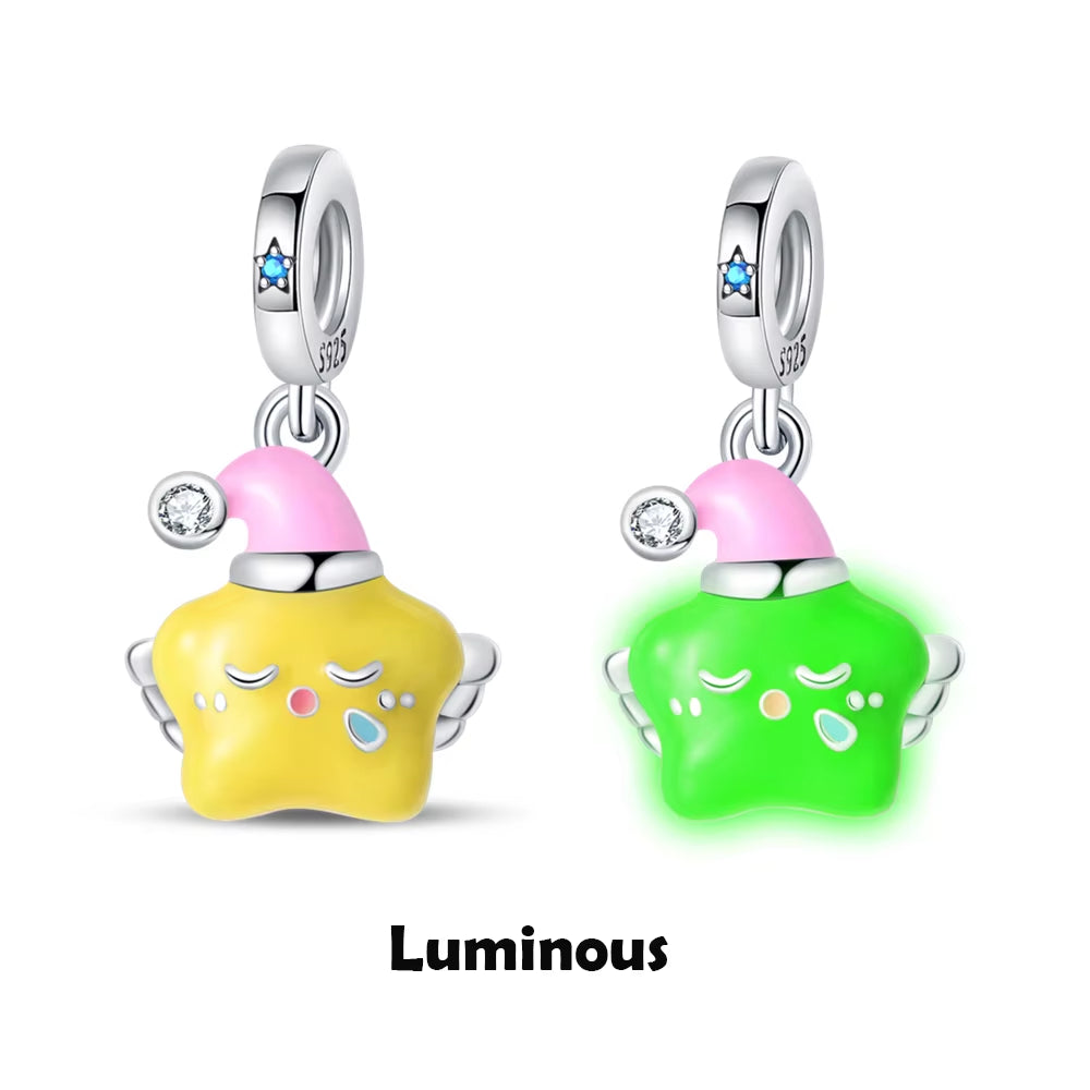 CHARM - Dijes colgantes de plata de ley 925 con Luna luminosa, estrella y abeja, compatibles con Pulsera Original, collar para mujer