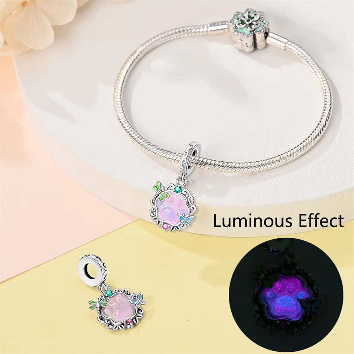 CHARM - Dijes colgantes de plata de ley 925 con Luna luminosa, estrella y abeja, compatibles con Pulsera Original, collar para mujer