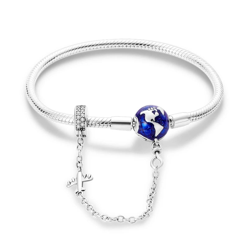 Pulsera de plata de ley 925 diseño de P4NDORA con dijes de mariposa, estrellas, Luna, cadena de seguridad