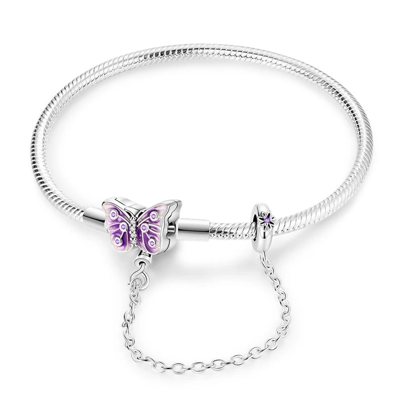 Pulsera de plata de ley 925 diseño de P4NDORA con dijes de mariposa, estrellas, Luna, cadena de seguridad