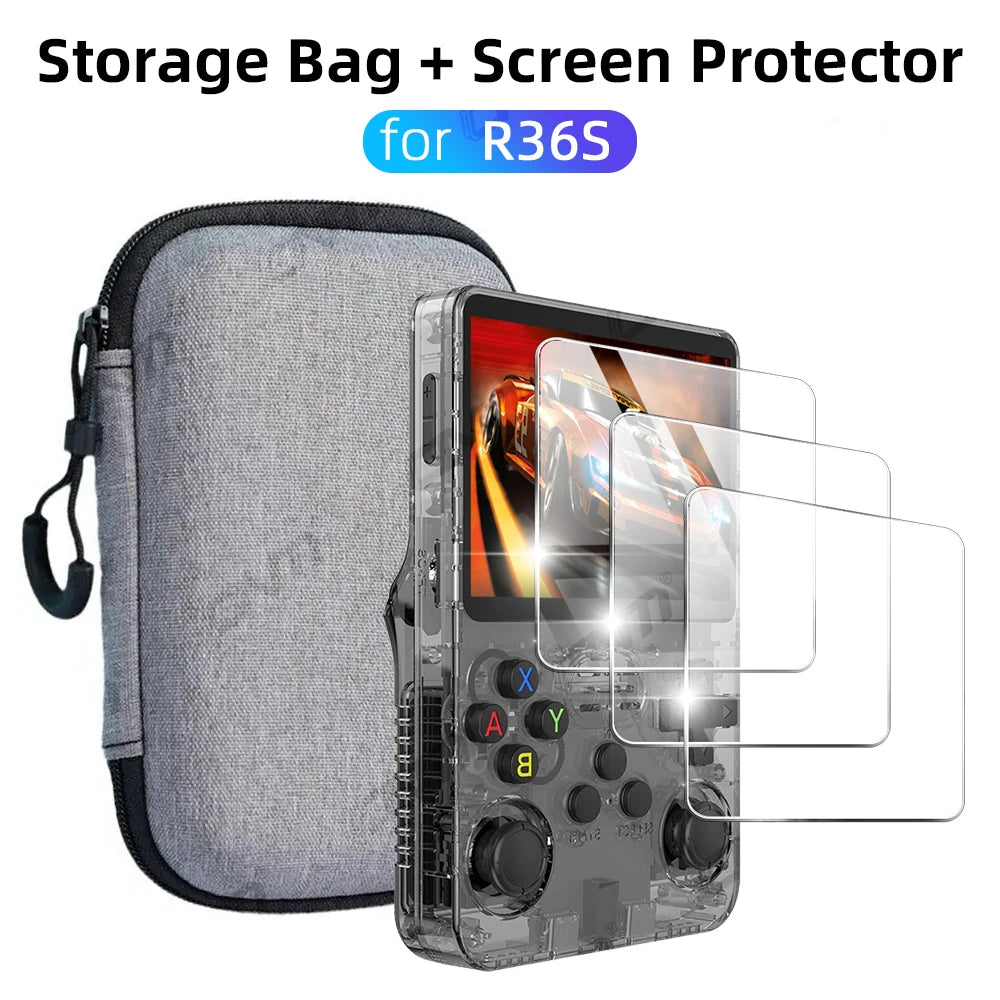 Retro R36S Portable Console Case + Screen Protector Accessories for R36S Anti-Scratch Tempered Glass Portable Storage Bag