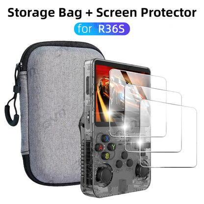 Retro R36S Portable Console Case + Screen Protector Accessories for R36S Anti-Scratch Tempered Glass Portable Storage Bag