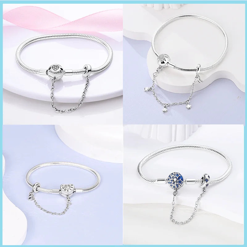 Pulsera de plata de ley 925 diseño de P4NDORA con dijes de mariposa, estrellas, Luna, cadena de seguridad