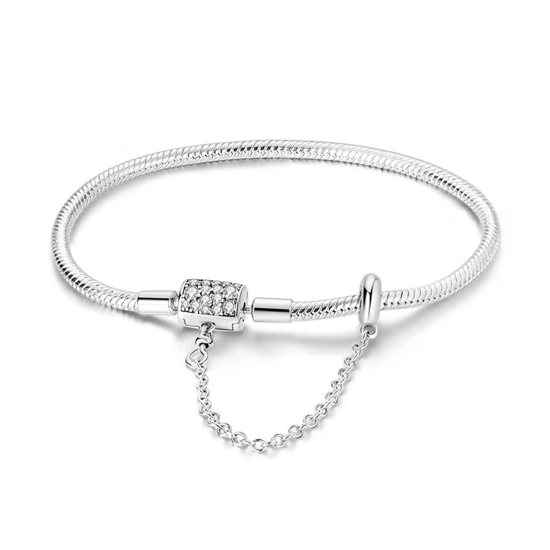 Pulsera de plata de ley 925 diseño de P4NDORA con dijes de mariposa, estrellas, Luna, cadena de seguridad