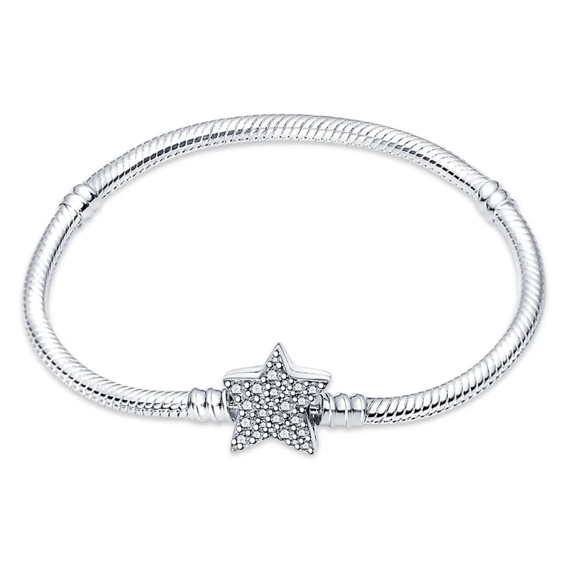 Pulsera de plata de ley 925 diseño de P4NDORA con dijes de mariposa, estrellas, Luna, cadena de seguridad