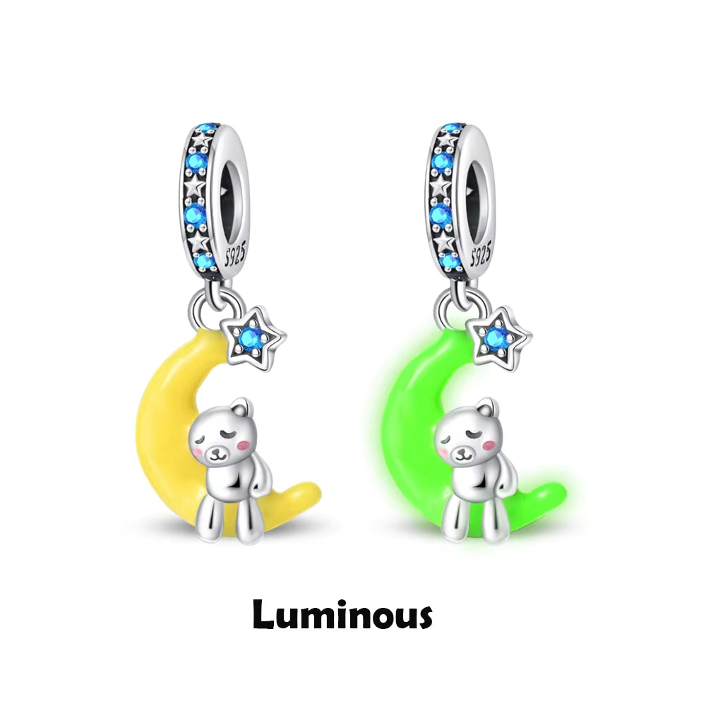 CHARM - Dijes colgantes de plata de ley 925 con Luna luminosa, estrella y abeja, compatibles con Pulsera Original, collar para mujer