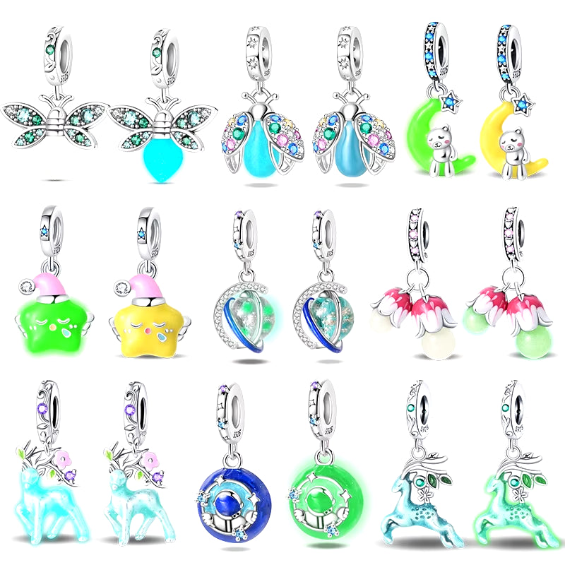 CHARM - Dijes colgantes de plata de ley 925 con Luna luminosa, estrella y abeja, compatibles con Pulsera Original, collar para mujer